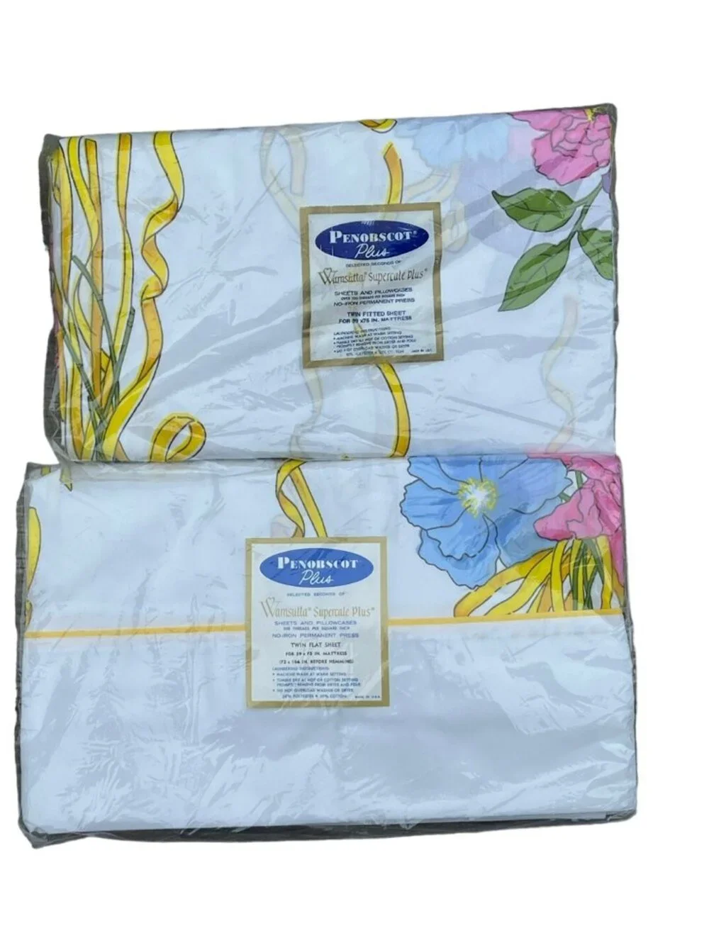 NOS Vtg 70s Penobscot Wamsutta Twin Flat Fitted Sheets Supercale Mod Flowers Set